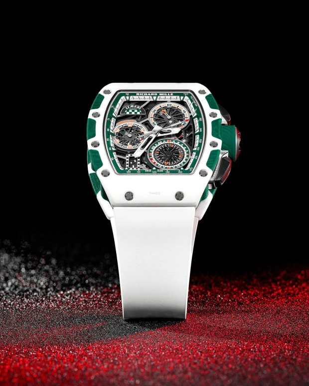 Richard Mille,Not Tourbillon 38.40x47.34mm,38.40x47.34mm,NTPT,Ceramic,Green,Skeleton,Automatic,Chronograph,Day,Flyback,Function Selector,Sapphire,Tonneau,Reece James,RM 72,RM 72-01 Le Mans Classic