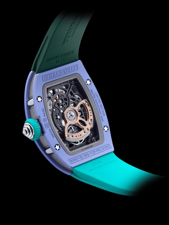 Richard Mille,Not Tourbillon 45.66x31.40mm,45.66x31.40mm,Ceramic,Gold,Skeleton,Automatic,50hours,In-house Caliber,RM 07,RM 07-01 PASTEL BLUE