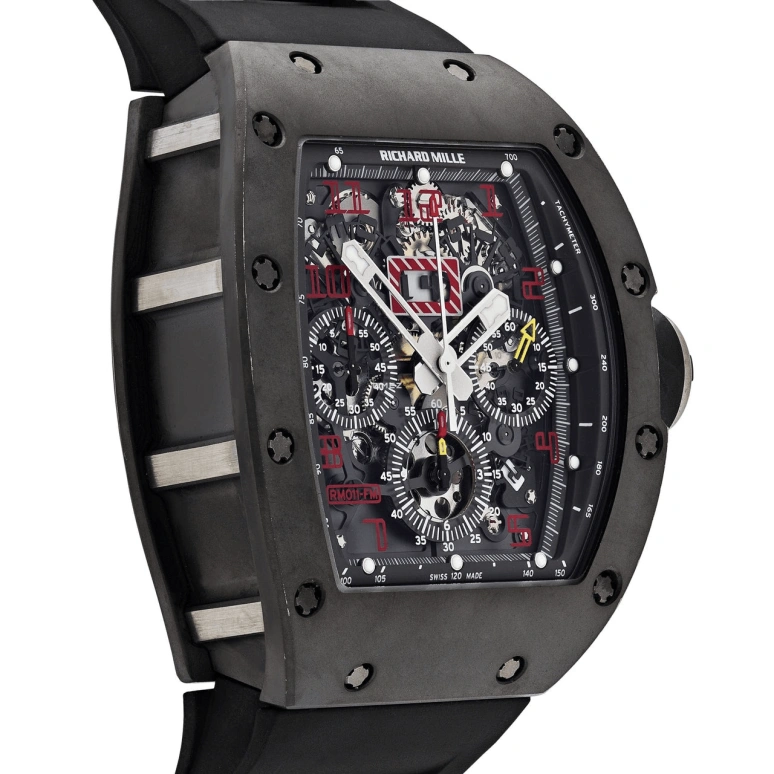 Richard Mille,Not Tourbillon 50x40mm,50x40mm,Titanium,Black,Skeleton,Automatic,Chronograph,Month,Day,Flyback,Sapphire,Tonneau,RM 011 Felipe Massa TI Red Numeral