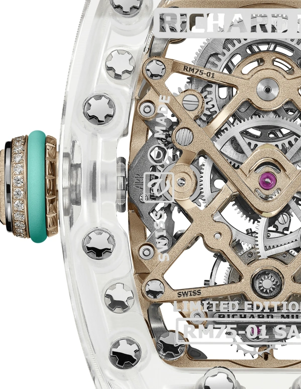 Richard Mille,Tourbillon 32.90x46.75mm,32.90x46.75mm,Sapphire,Silver,Handwound,Tourbillon,65hours,RM 75,RM 75-01 Flying Tourbillon Sapphire Green