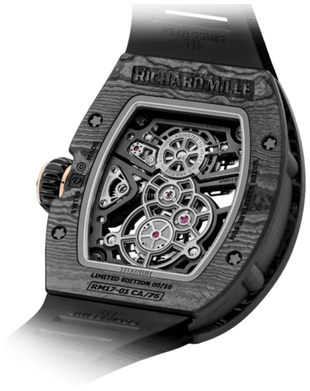 Richard Mille,Tourbillon 40.10x48.15mm,40.10x48.15mm,Carbon TPT,Skeleton,Handwound,Power Reserve Indicator,Tourbillon,Torque Indicator,RM 17,RM 17-01 NTPT
