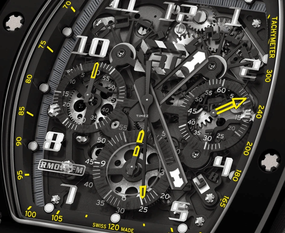 Richard Mille,Not Tourbillon 50x40mm,50x40mm,Ceramic,Skeleton,Automatic,Chronograph,Month,Day,Flyback,Sapphire,Tonneau,RM 011 Yellow Flash