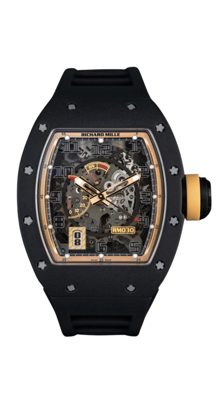 Richard Mille,Not Tourbillon 42.70x50mm,42.70x50mm,Carbon,Black,Skeleton,Automatic,Day,Power Reserve Indicator,RM 030 Asian Boutique Carbon