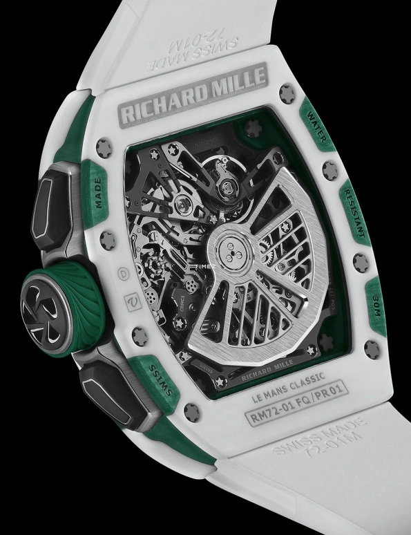 Richard Mille,Not Tourbillon 38.40x47.34mm,38.40x47.34mm,NTPT,Ceramic,Green,Skeleton,Automatic,Chronograph,Day,Flyback,Function Selector,Sapphire,Tonneau,Reece James,RM 72,RM 72-01 Le Mans Classic