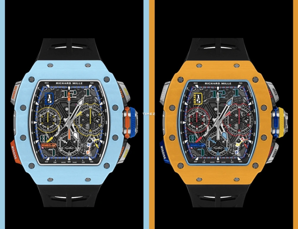 Richard Mille,Not Tourbillon 44.50x49.94mm,44.50x49.94mm,Quartz TPT,Skeleton,Automatic,Chronograph,Day,Flyback,Rattrapante,In-house Caliber,Sapphire,Crystal Glass,RM 65,RM 65-01 PASTEL BLUE