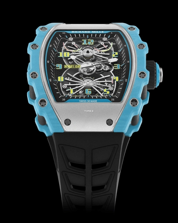 Richard Mille,Tourbillon 42.68x50.12mm,42.68x50.12mm,Titanium,Quartz TPT,Carbon TPT,Skeleton,Handwound,Tourbillon,Function Selector,RM 21,RM 21-02 Tourbillon Aerodyne BLUE