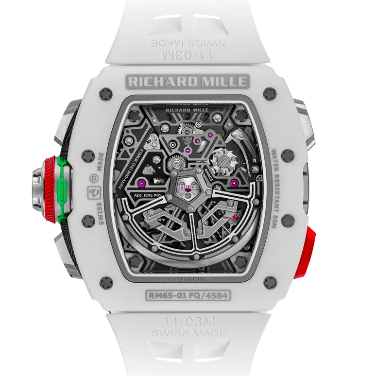 Richard Mille,Not Tourbillon 49.94x44.50mm,49.94x44.50mm,Quartz TPT,Titanium,Black,Automatic,Chronograph,Flyback,Big Date,Function Selector,In-house Caliber,Sapphire,RM 65,RM 65-01 White TPT