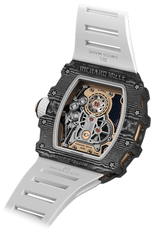 Richard Mille,Tourbillon 42.68x50.12mm,42.68x50.12mm,Gold,Carbon TPT,Skeleton,Handwound,Power Reserve Indicator,Tourbillon,Function Selector,Torque Indicator,70hours,In-house Caliber,RM 21,RM 21-01