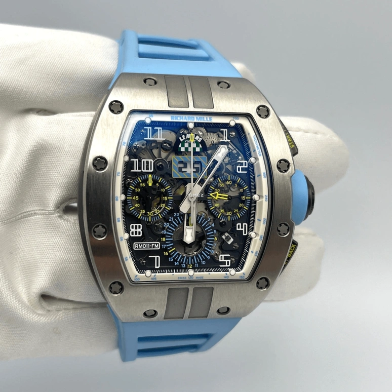 Richard Mille,Not Tourbillon 50x42.70mm,50x42.70mm,Titanium,Skeleton,Automatic,Chronograph,Month,Day,Flyback,Sapphire,Tonneau,RM 011 Le Mans Classic BLUE