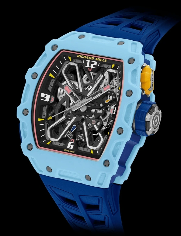 Richard Mille,Not Tourbillon 43.15x49.95mm,43.15x49.95mm,Quartz TPT,Carbon TPT,Black,Automatic,Function Selector,55hours,RM 35,RM 35-03 Rafael Nadal pastel blue
