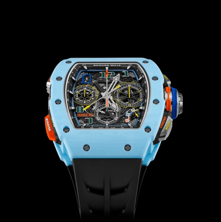 Richard Mille,Not Tourbillon 44.50x49.94mm,44.50x49.94mm,Quartz TPT,Skeleton,Automatic,Chronograph,Day,Flyback,Rattrapante,In-house Caliber,Sapphire,Crystal Glass,RM 65,RM 65-01 PASTEL BLUE