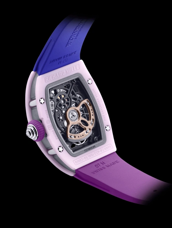 Richard Mille,Not Tourbillon 45.66x31.40mm,45.66x31.40mm,Ceramic,Purple,Blue,Automatic,50hours,In-house Caliber,RM 07,RM 07-01 PASTEL PINK