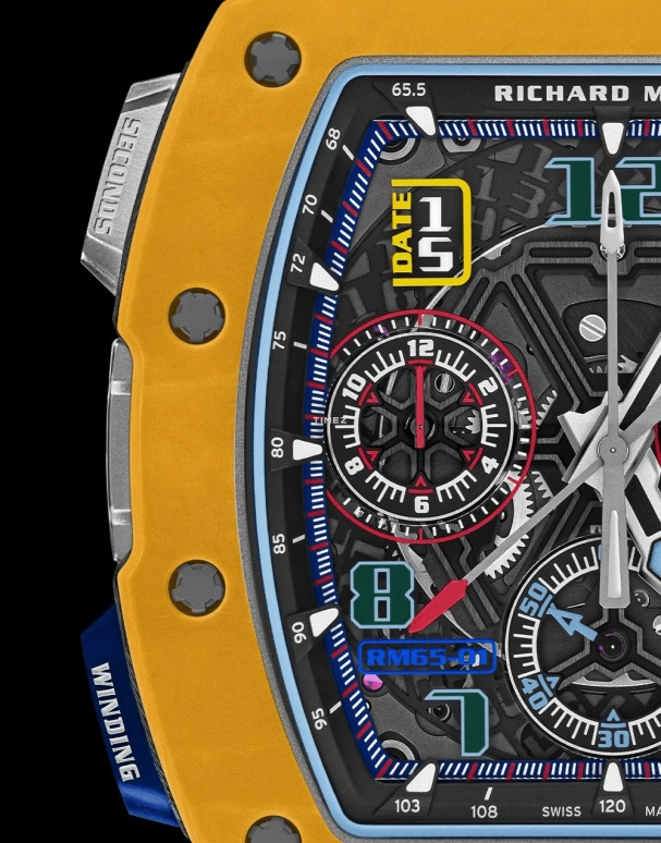 Richard Mille,Not Tourbillon 44.50x49.94mm,44.50x49.94mm,Quartz TPT,Skeleton,Automatic,Chronograph,Day,Flyback,Rattrapante,In-house Caliber,Sapphire,Crystal Glass,Steve Harvey,RM 65,RM 65-01 DARK YELLOW