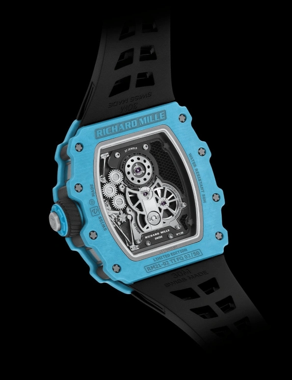 Richard Mille,Tourbillon 42.68x50.12mm,42.68x50.12mm,Titanium,Quartz TPT,Carbon TPT,Skeleton,Handwound,Tourbillon,Function Selector,RM 21,RM 21-02 Tourbillon Aerodyne BLUE