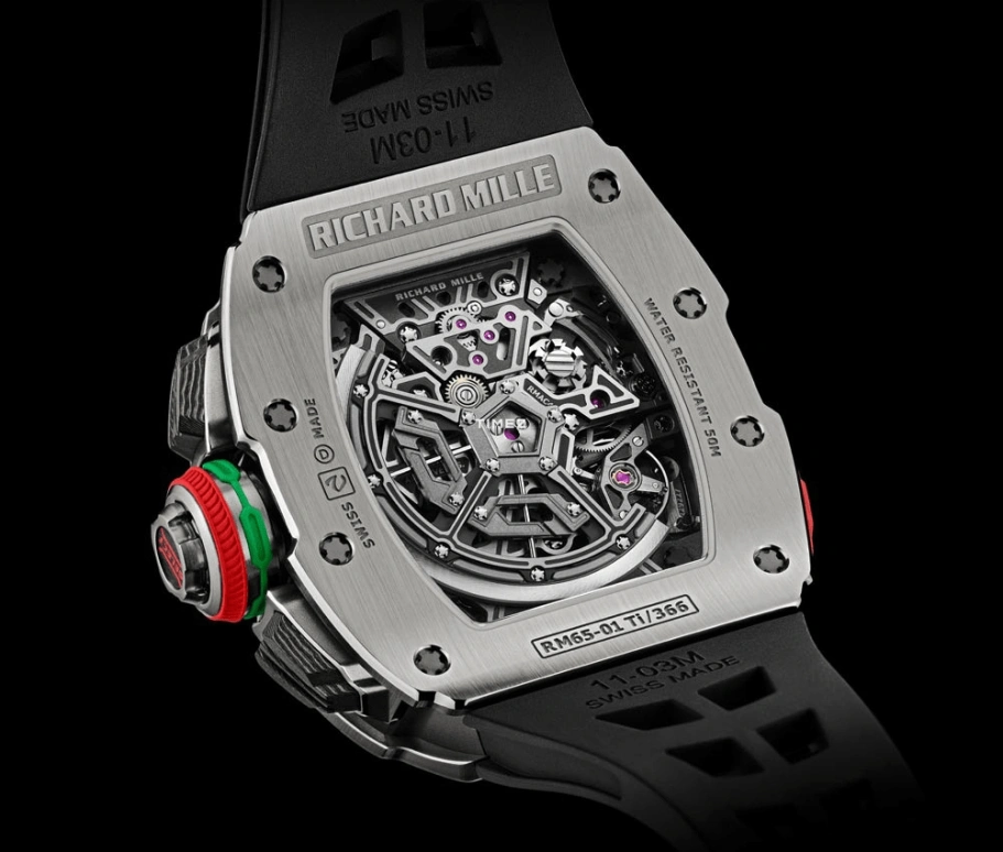 Richard Mille,Not Tourbillon 49.94x44.50mm,49.94x44.50mm,Titanium,Skeleton,Automatic,Chronograph,Day,Flyback,Rattrapante,In-house Caliber,Tonneau,RM 65,RM 65-01 TI