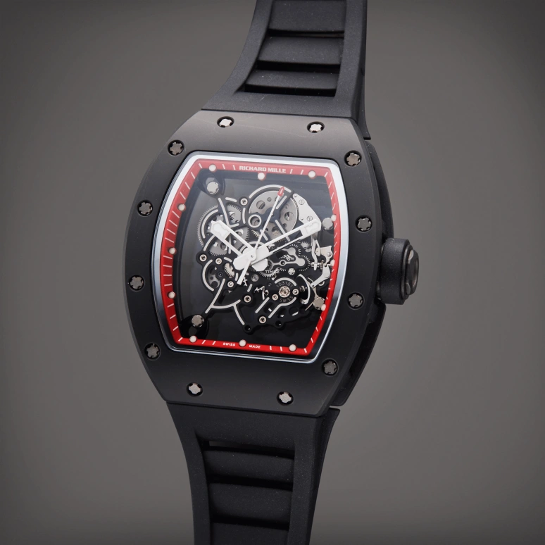 Richard Mille,Not Tourbillon 42.70x49.90mm,42.70x49.90mm,Titanium,Black,Red,Skeleton,Handwound,Tonneau,Black,RM 055 Bubba Watson Red Drive