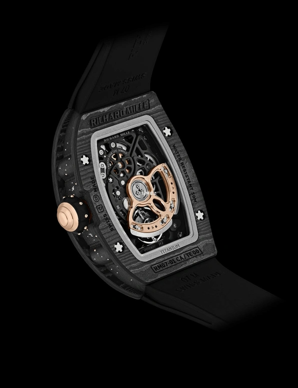 Richard Mille,Not Tourbillon 31.40x45.66mm,31.40x45.66mm,NTPT,Rose Gold,Black,Automatic,50hours,In-house Caliber,RM 07,RM 07-01 DARK NIGHT