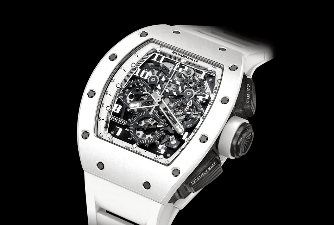 Richard Mille,Not Tourbillon 50x40mm,50x40mm,Ceramic,White,Skeleton,Automatic,Chronograph,Month,Day,Flyback,Sapphire,Tonneau,RM 011 White Ghost