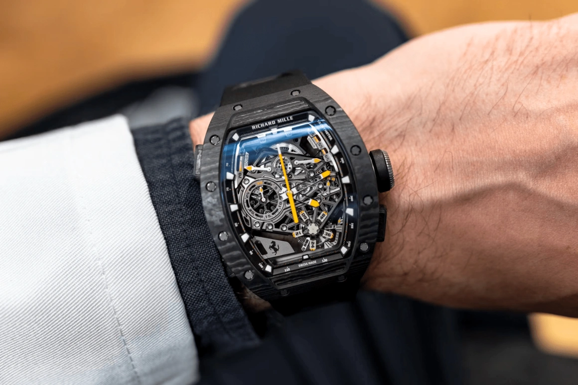 Richard Mille,Tourbillon 42.90mm,42.90mm,Carbon TPT,Skeleton,Grey,Handwound,Chronograph,Power Reserve Indicator,Tourbillon,Rattrapante,70hours,In-house Caliber,RM 43,RM 43-01 FERRARI NTPT