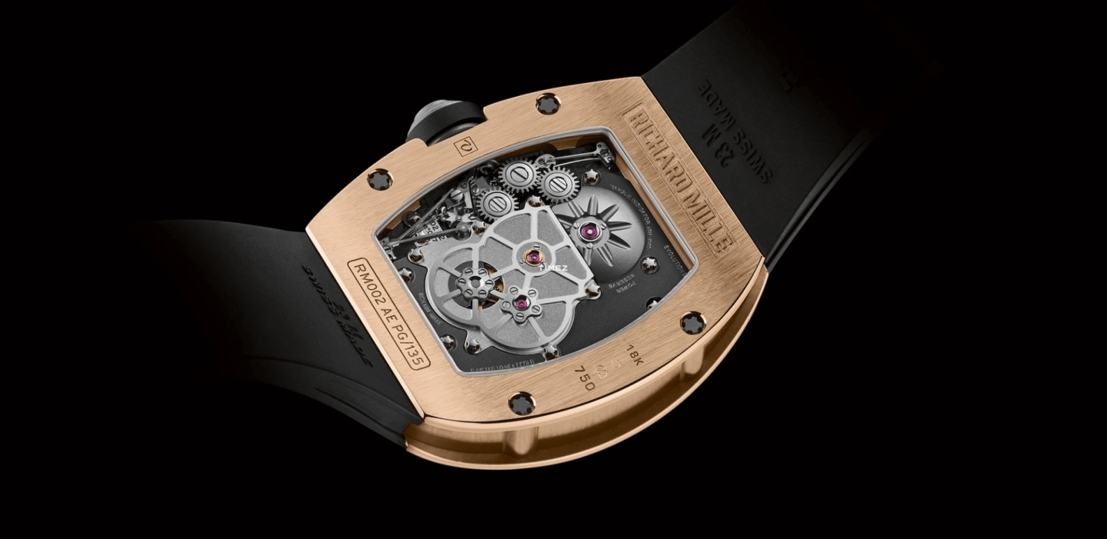 Richard Mille,Tourbillon 45x38.30mm,45x38.30mm,Rose Gold,Skeleton,Handwound,Power Reserve Indicator,Function Selector,Torque Indicator,RM 002,RM 002-V2 Tourbillon RG
