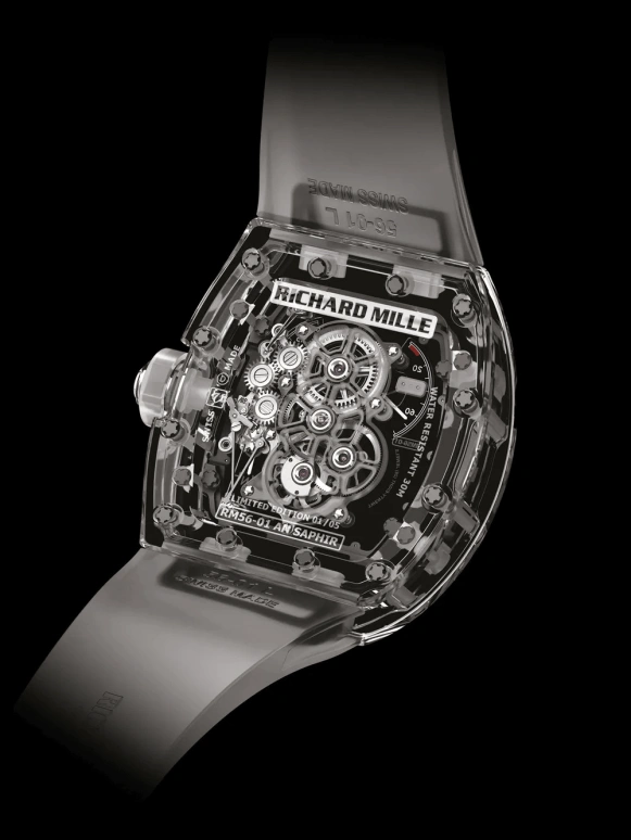 Richard Mille,Tourbillon 42.70x50mm,42.70x50mm,Sapphire,Skeleton,Handwound,Power Reserve Indicator,Tourbillon,Function Selector,Torque Indicator,Tonneau,Colorless,Jean Todt,RM 56,RM 56-01