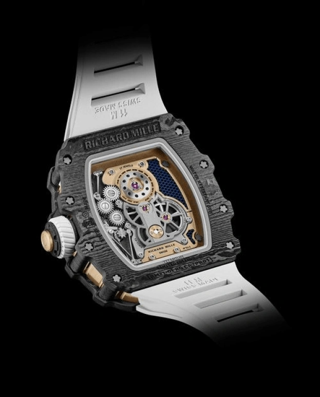 Richard Mille,Tourbillon 42.68x50.12mm,42.68x50.12mm,Gold,Carbon TPT,Skeleton,Handwound,Power Reserve Indicator,Tourbillon,Function Selector,Torque Indicator,70hours,In-house Caliber,RM 21,RM 21-01