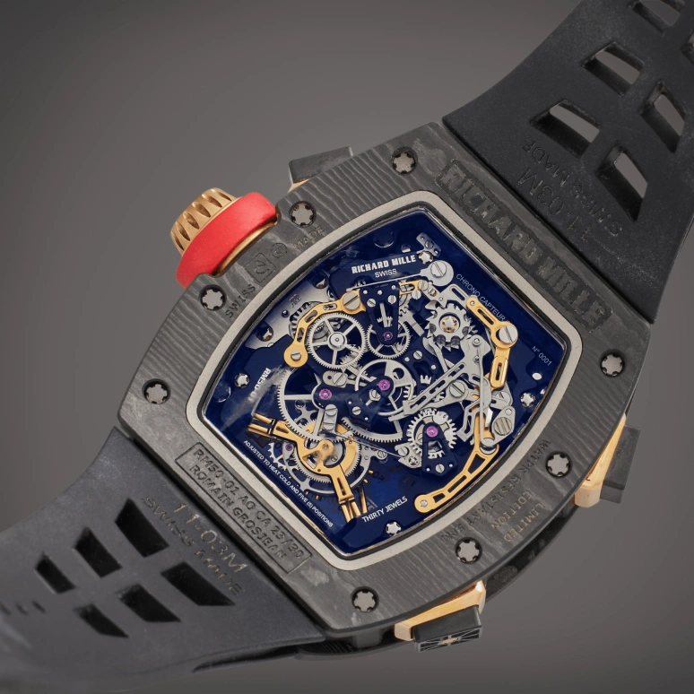 理查米尔,陀飞轮 42.70x49.94毫米,42.70x49.94毫米,NTPT® 复合碳纤维,黑色,框架,手动上弦,计时,动力储存指示,陀飞轮,功能指示器,蓝宝石,酒桶形,RM 50,RM 50-01 LOTUS Tourbillon Romain Grosjean NTPT