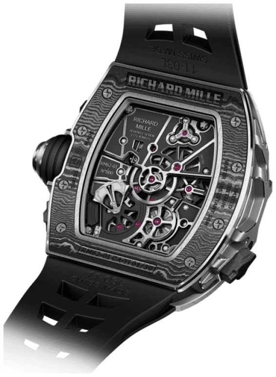 Richard Mille,Tourbillon 42x49.94mm,42x49.94mm,Titanium,Carbon TPT,Skeleton,Handwound,Power Reserve Indicator,Tourbillon,Big Date,Alarm,70hours,In-house Caliber,Black Star,Timati,RM 62,RM 62-01