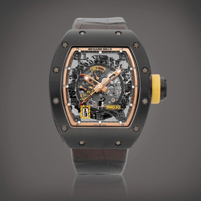 Richard Mille,Not Tourbillon 42.70x50mm,42.70x50mm,Carbon,Black,Skeleton,Automatic,Day,Power Reserve Indicator,RM 030 Asian Boutique Carbon