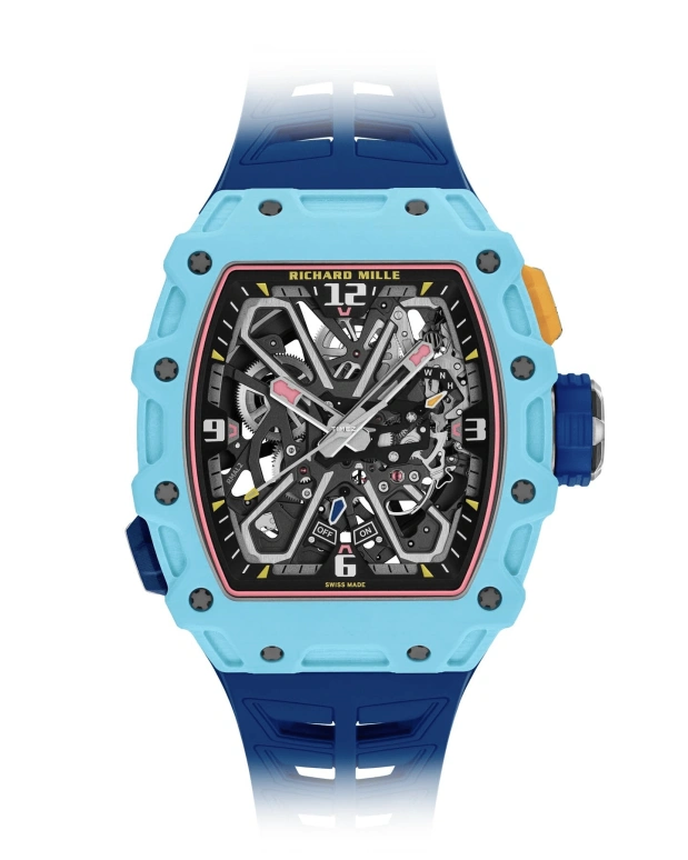 Richard Mille,Not Tourbillon 43.15x49.95mm,43.15x49.95mm,Quartz TPT,Carbon TPT,Black,Automatic,Function Selector,55hours,RM 35,RM 35-03 Rafael Nadal pastel blue