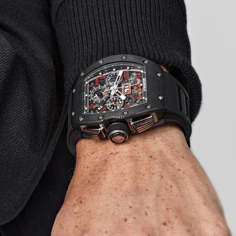 Richard Mille,Not Tourbillon 50x40mm,50x40mm,Titanium,Black,Skeleton,Automatic,Chronograph,Month,Day,Flyback,Sapphire,Tonneau,RM 011 Felipe Massa TI Red Numeral