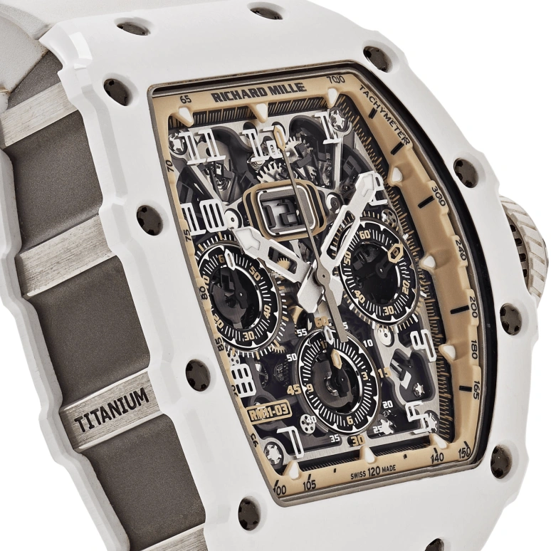 Richard Mille,Not Tourbillon 49.94x44.50mm,49.94x44.50mm,Ceramic,Titanium,Black,Brown,Automatic,Countdown,Chronograph,Month,Flyback,55hours,In-house Caliber,RM 11,RM 11-03 Last White Edition