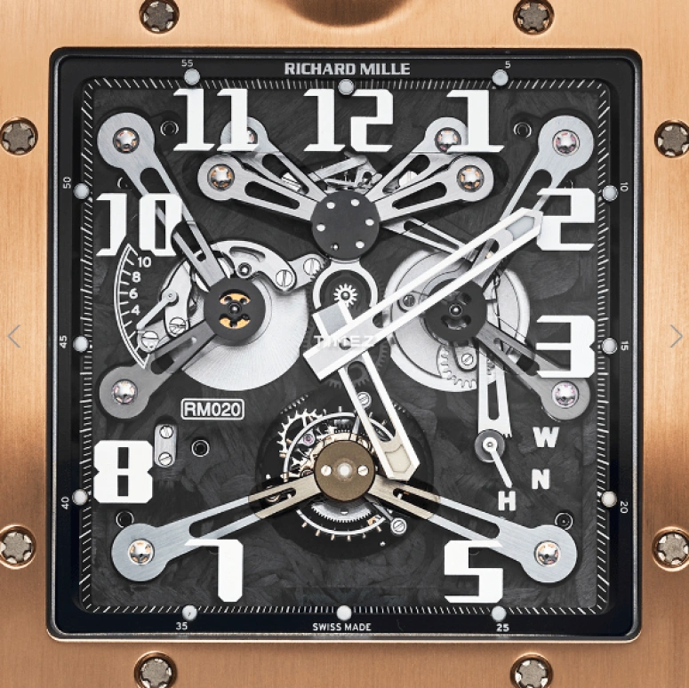 Richard Mille,Tourbillon 52x62mm,52x62mm,Rose Gold,Black,Handwound,Power Reserve Indicator,Tourbillon,RM 020 Pocket Watch RG