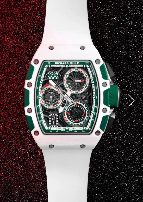 Richard Mille,Not Tourbillon 38.40x47.34mm,38.40x47.34mm,NTPT,Ceramic,Green,Skeleton,Automatic,Chronograph,Day,Flyback,Function Selector,Sapphire,Tonneau,Reece James,RM 72,RM 72-01 Le Mans Classic