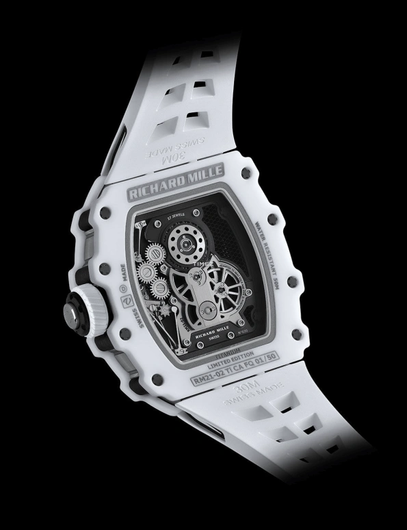 Richard Mille,Tourbillon 42.68x50.12mm,42.68x50.12mm,Titanium,Quartz TPT,Carbon TPT,Skeleton,Handwound,Power Reserve Indicator,Tourbillon,Function Selector,RM 21,RM 21-02 Tourbillon Aerodyne WHITE