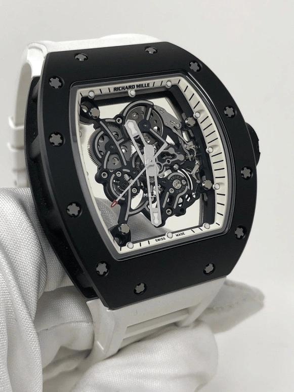 Richard Mille,Not Tourbillon 42.70x50mm,42.70x50mm,Titanium,White,Skeleton,Handwound,Tonneau,Black,RM 055 Bubba Watson White Drive