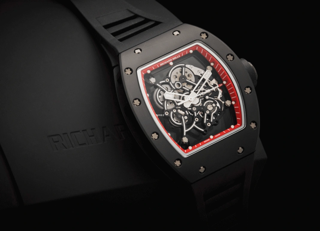 Richard Mille,Not Tourbillon 42.70x49.90mm,42.70x49.90mm,Titanium,Black,Red,Skeleton,Handwound,Tonneau,Black,RM 055 Bubba Watson Red Drive