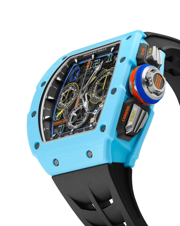 Richard Mille,Not Tourbillon 44.50x49.94mm,44.50x49.94mm,Quartz TPT,Skeleton,Automatic,Chronograph,Day,Flyback,Rattrapante,In-house Caliber,Sapphire,Crystal Glass,RM 65,RM 65-01 PASTEL BLUE