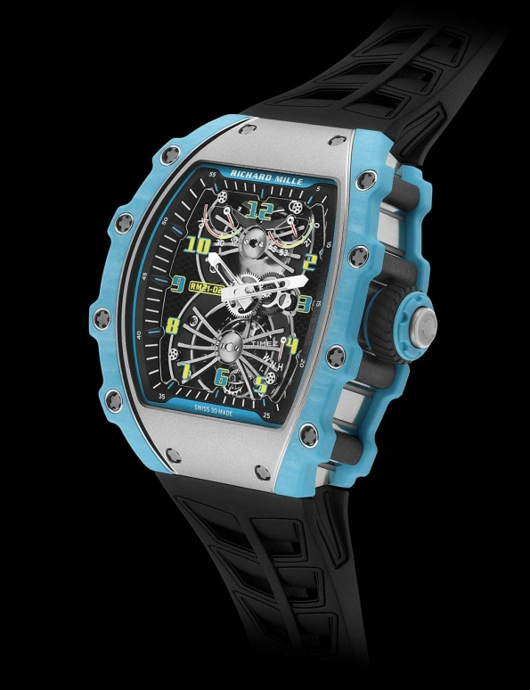 Richard Mille,Tourbillon 42.68x50.12mm,42.68x50.12mm,Titanium,Quartz TPT,Carbon TPT,Skeleton,Handwound,Tourbillon,Function Selector,RM 21,RM 21-02 Tourbillon Aerodyne BLUE