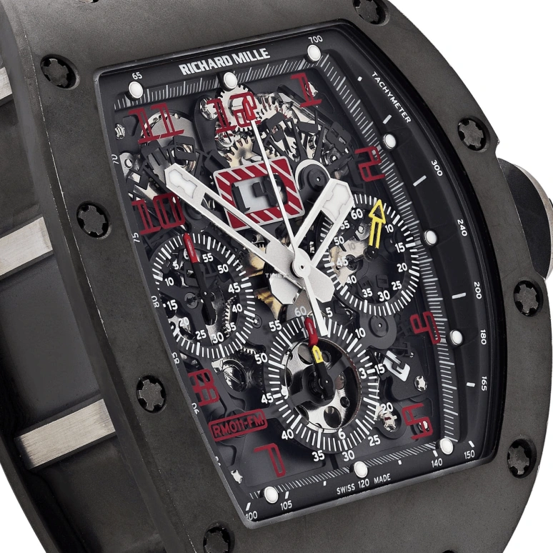 Richard Mille,Not Tourbillon 50x40mm,50x40mm,Titanium,Black,Skeleton,Automatic,Chronograph,Month,Day,Flyback,Sapphire,Tonneau,RM 011 Felipe Massa TI Red Numeral