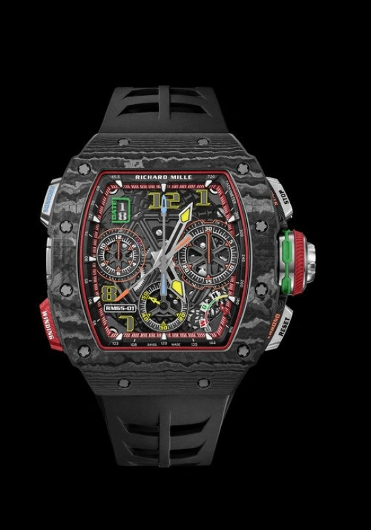 Richard Mille,Not Tourbillon 49.94x44.50mm,49.94x44.50mm,Gold,Titanium,Carbon TPT,Black,Automatic,Chronograph,Flyback,Big Date,Function Selector,In-house Caliber,Sapphire,Eduardo Camavinga,Degang Guo,RM 65,RM 65-01 NTPT
