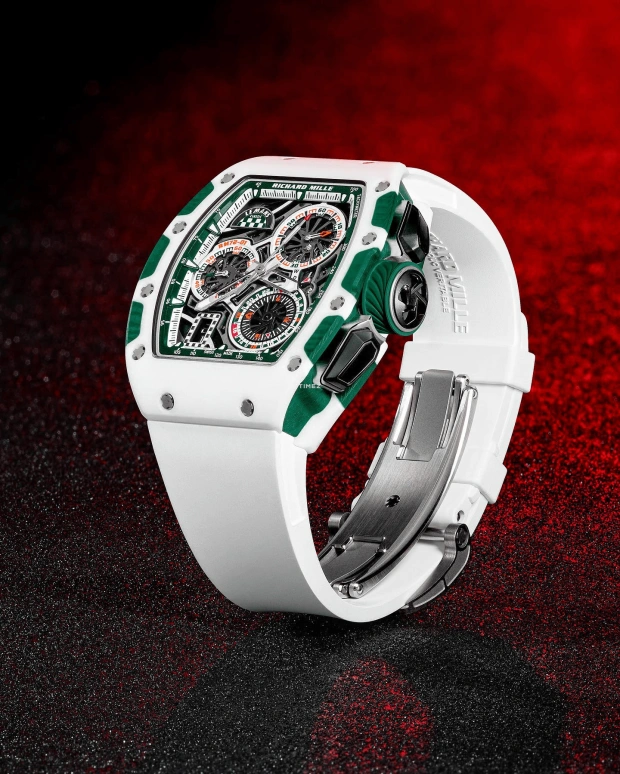 Richard Mille,Not Tourbillon 38.40x47.34mm,38.40x47.34mm,NTPT,Ceramic,Green,Skeleton,Automatic,Chronograph,Day,Flyback,Function Selector,Sapphire,Tonneau,Reece James,RM 72,RM 72-01 Le Mans Classic