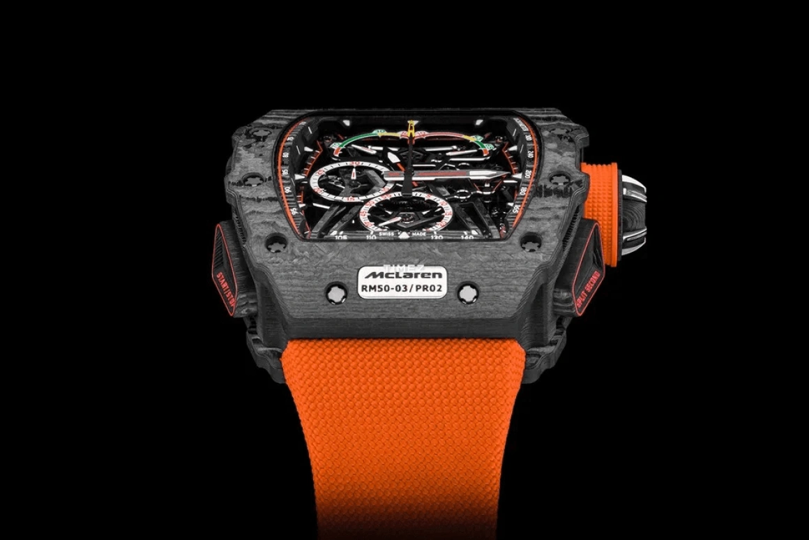 Richard Mille,Tourbillon 44.50x49.65mm,44.50x49.65mm,Carbon TPT,Skeleton,Handwound,Chronograph,Power Reserve Indicator,Tourbillon,Rattrapante,Tonneau,RM 50,RM 50-03 Tourbillon McLaren F1