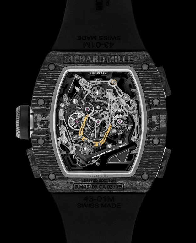 Richard Mille,Tourbillon 42.90mm,42.90mm,Carbon TPT,Skeleton,Grey,Handwound,Chronograph,Power Reserve Indicator,Tourbillon,Rattrapante,70hours,In-house Caliber,RM 43,RM 43-01 FERRARI NTPT