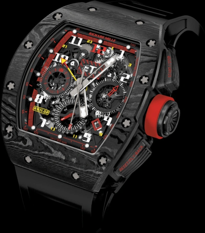 Richard Mille,Not Tourbillon 42.70x50mm,42.70x50mm,NTPT,Black,Automatic,Chronograph,Month,Day,Dule Time,Sapphire,Crystal Glass,Tonneau,RM 11,RM 11-02 NTPT RED