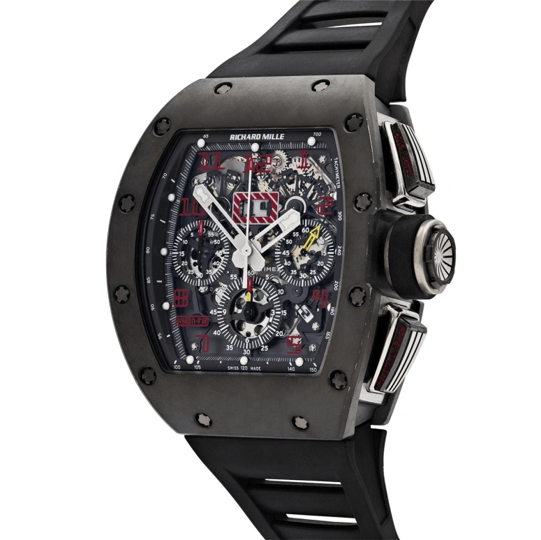 Richard Mille,Not Tourbillon 50x40mm,50x40mm,Titanium,Black,Skeleton,Automatic,Chronograph,Month,Day,Flyback,Sapphire,Tonneau,RM 011 Felipe Massa TI Red Numeral