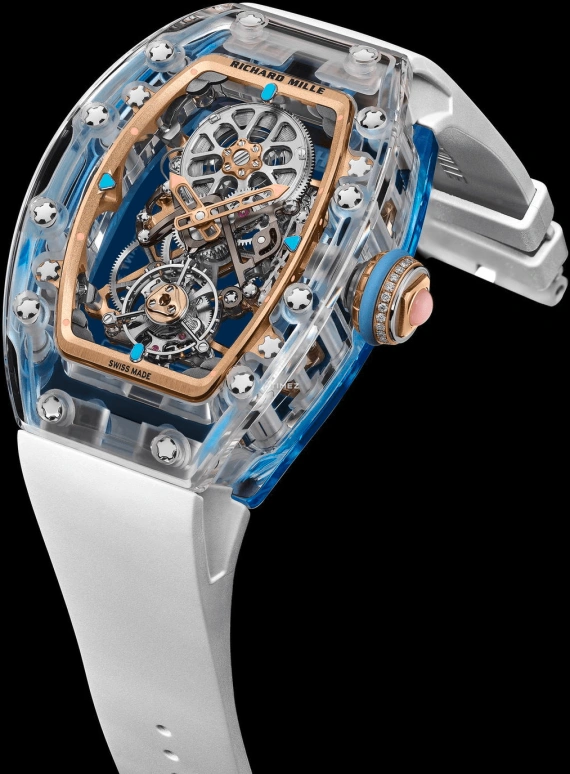 Richard Mille,Tourbillon 32.90x46.75mm,32.90x46.75mm,Sapphire,Silver,Handwound,Tourbillon,65hours,RM 75,RM 75-01 Flying Tourbillon Sapphire Blue