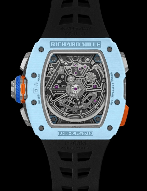 Richard Mille,Not Tourbillon 44.50x49.94mm,44.50x49.94mm,Quartz TPT,Skeleton,Automatic,Chronograph,Day,Flyback,Rattrapante,In-house Caliber,Sapphire,Crystal Glass,RM 65,RM 65-01 PASTEL BLUE