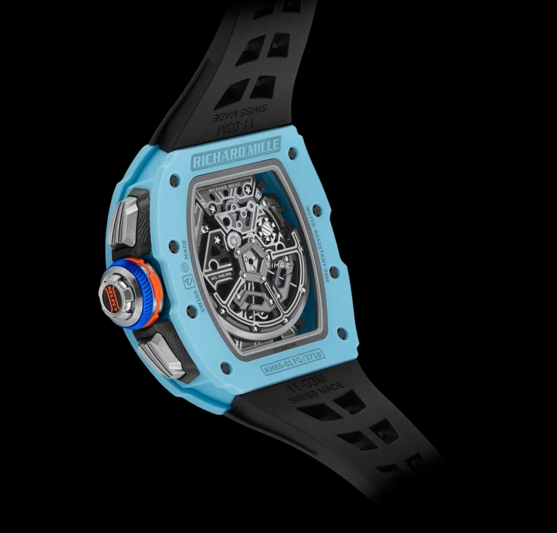 Richard Mille,Not Tourbillon 44.50x49.94mm,44.50x49.94mm,Quartz TPT,Skeleton,Automatic,Chronograph,Day,Flyback,Rattrapante,In-house Caliber,Sapphire,Crystal Glass,RM 65,RM 65-01 PASTEL BLUE