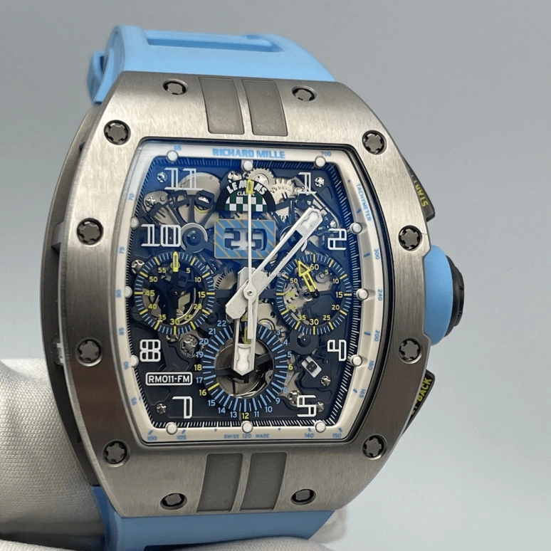 Richard Mille,Not Tourbillon 50x42.70mm,50x42.70mm,Titanium,Skeleton,Automatic,Chronograph,Month,Day,Flyback,Sapphire,Tonneau,RM 011 Le Mans Classic BLUE